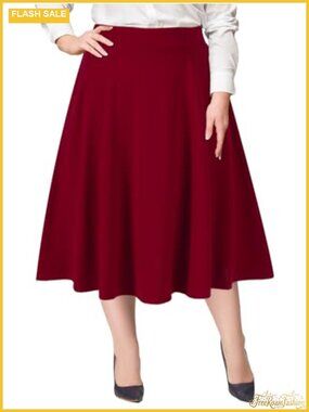 Plus Size Midi Skirt High Elastic Waist A-Line Flared Skater with Pockets
